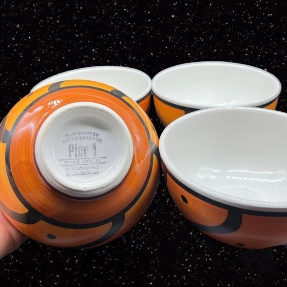 Pier 1 Hand Painted ITALY Orange & Black Cereal Bowl Set 4 Pcs Ceramic 3”T 5.5”W